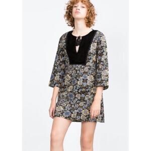 Zara Floral Black Velvet Bib with Tassels Dress